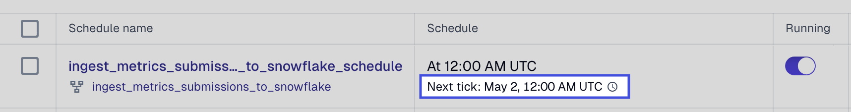 Highlighted Next tick value for a schedule in the Dagster UI