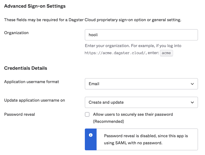 Configured Sign On tab of Dagster+ Okta application